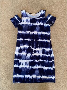 Michael Kors Blue/White Tie Dye Cold Shoulder T-Shirt Dress Scoop Neck Size S